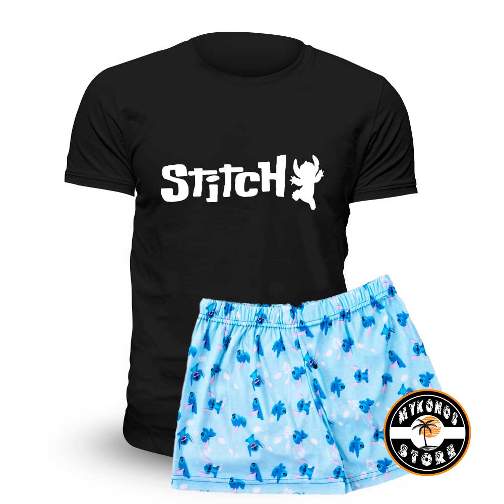 Pijama Corto Stitch Con Remera Negra Unisex ~ Kids